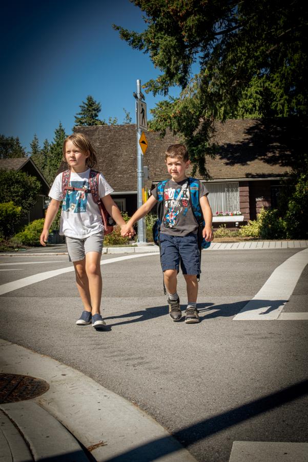 kids walking across street