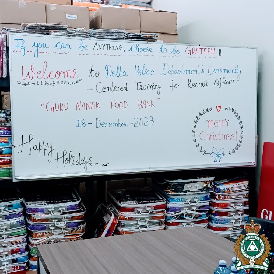 Welcome board inviting DPD recruits to learn about the services of the Guru Nanak Food Bank